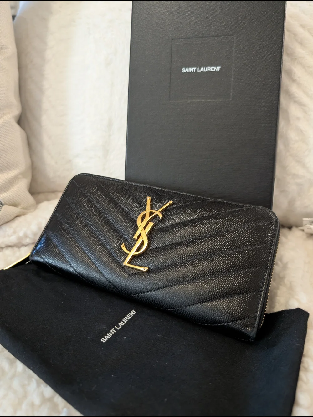 Saint Laurent Black Quilted Leather Zip Wallet with Gold Logo